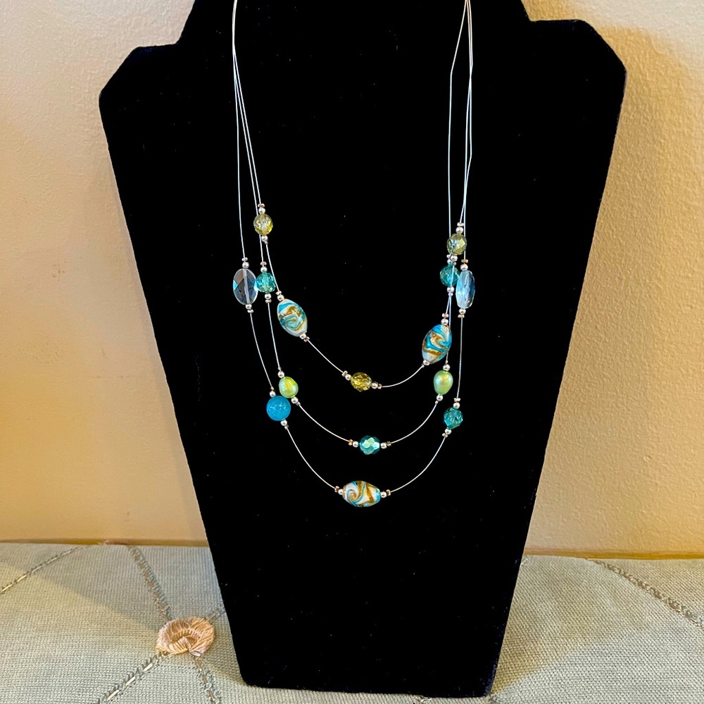 Sterling Silver Aquamarine and Glass Bead Necklace